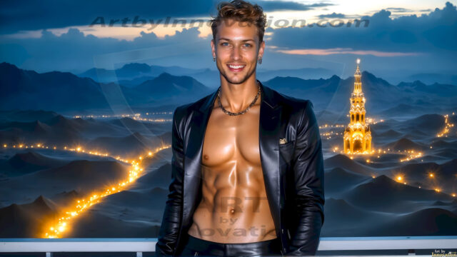 The Beautiful Young Men of the Golden City, is a collection of AI generated images of sexy, glamorous, handsome guys in the heavens. In this fantasy photograph of a young men in their late teens and 20's, overlooking a large golden city in the heavens. Generated to be as realistic as possible, in this this fantasy setting, with todays technology. Wearing jeans, an unbuttoned, vibrant, long-sleeve, button down shirt. The subject is enjoying a beautiful day outdoors. The mystical, galactic landscape, and the vibrant cosmic canopies, every detail, from the texture of the clouds, to the magnificent, majestic gothic architecture of the golden city, is crafted to create an atmosphere of reverence and divine glory. With a breathtaking scene, offering warm golden hour lighting. The heavenly landscape evokes a sense of freedom and tranquility, that is expresses through his facial features and smile, as day turns to night. The heavenly landscape evokes a sense of mysterious black space and light, with a vast galaxy that almost covers the image, the stars and constellations sparkle bright, in dark blue sky.