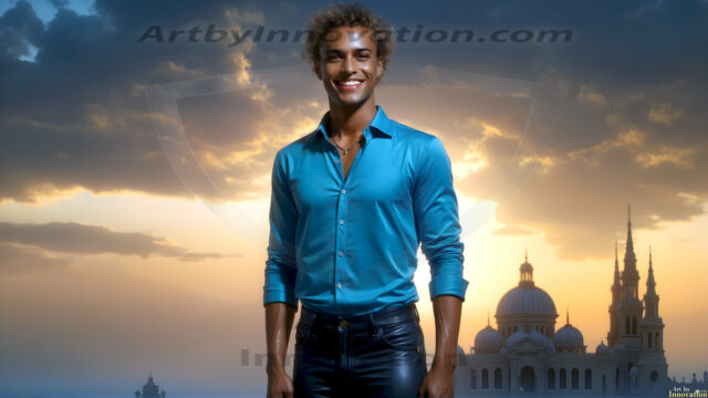 The Beautiful Young Men of the Golden City, is a collection of AI generated images of sexy, glamorous, handsome guys in the heavens. In this fantasy photograph of a young men in their late teens and 20's, overlooking a large golden city in the heavens. Generated to be as realistic as possible, in this this fantasy setting, with todays technology. Wearing jeans, an unbuttoned, vibrant, long-sleeve, button down shirt. The subject is enjoying a beautiful day outdoors. The mystical, galactic landscape, and the vibrant cosmic canopies, every detail, from the texture of the clouds, to the magnificent, majestic gothic architecture of the golden city, is crafted to create an atmosphere of reverence and divine glory. With a breathtaking scene, offering warm golden hour lighting. The heavenly landscape evokes a sense of freedom and tranquility, that is expresses through his facial features and smile, as day turns to night. The heavenly landscape evokes a sense of mysterious black space and light, with a vast galaxy that almost covers the image, the stars and constellations sparkle bright, in dark blue sky.