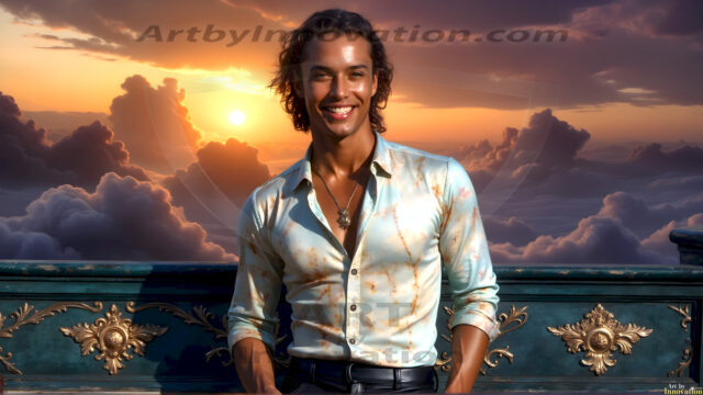 The Beautiful Young Men of the Golden City, is a collection of AI generated images of sexy, glamorous, handsome guys in the heavens. In this fantasy photograph of a young men in their late teens and 20's, overlooking a large golden city in the heavens. Generated to be as realistic as possible, in this this fantasy setting, with todays technology. Wearing jeans, an unbuttoned, vibrant, long-sleeve, button down shirt. The subject is enjoying a beautiful day outdoors. The mystical, galactic landscape, and the vibrant cosmic canopies, every detail, from the texture of the clouds, to the magnificent, majestic gothic architecture of the golden city, is crafted to create an atmosphere of reverence and divine glory. With a breathtaking scene, offering warm golden hour lighting. The heavenly landscape evokes a sense of freedom and tranquility, that is expresses through his facial features and smile, as day turns to night. The heavenly landscape evokes a sense of mysterious black space and light, with a vast galaxy that almost covers the image, the stars and constellations sparkle bright, in dark blue sky.