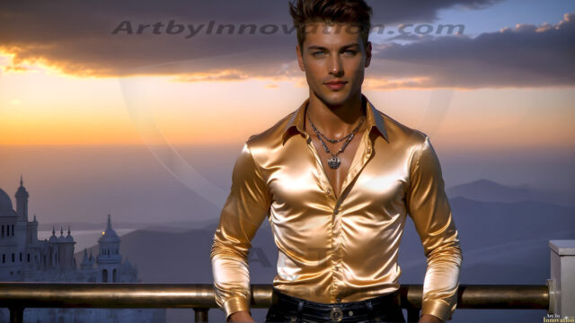 The Beautiful Young Men of the Golden City, is a collection of AI generated images of sexy, glamorous, handsome guys in the heavens. In this fantasy photograph of a young men in their late teens and 20's, overlooking a large golden city in the heavens. Generated to be as realistic as possible, in this this fantasy setting, with todays technology. Wearing jeans, an unbuttoned, vibrant, long-sleeve, button down shirt. The subject is enjoying a beautiful day outdoors. The mystical, galactic landscape, and the vibrant cosmic canopies, every detail, from the texture of the clouds, to the magnificent, majestic gothic architecture of the golden city, is crafted to create an atmosphere of reverence and divine glory. With a breathtaking scene, offering warm golden hour lighting. The heavenly landscape evokes a sense of freedom and tranquility, that is expresses through his facial features and smile, as day turns to night. The heavenly landscape evokes a sense of mysterious black space and light, with a vast galaxy that almost covers the image, the stars and constellations sparkle bright, in dark blue sky.
