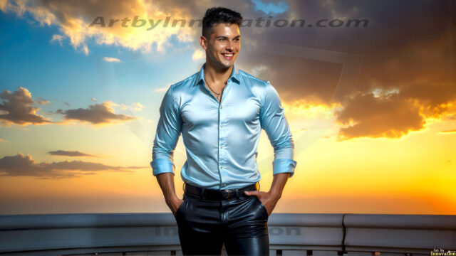 The Beautiful Young Men of the Golden City, is a collection of AI generated images of sexy, glamorous, handsome guys in the heavens. In this fantasy photograph of a young men in their late teens and 20's, overlooking a large golden city in the heavens. Generated to be as realistic as possible, in this this fantasy setting, with todays technology. Wearing jeans, an unbuttoned, vibrant, long-sleeve, button down shirt. The subject is enjoying a beautiful day outdoors. The mystical, galactic landscape, and the vibrant cosmic canopies, every detail, from the texture of the clouds, to the magnificent, majestic gothic architecture of the golden city, is crafted to create an atmosphere of reverence and divine glory. With a breathtaking scene, offering warm golden hour lighting. The heavenly landscape evokes a sense of freedom and tranquility, that is expresses through his facial features and smile, as day turns to night. The heavenly landscape evokes a sense of mysterious black space and light, with a vast galaxy that almost covers the image, the stars and constellations sparkle bright, in dark blue sky.
