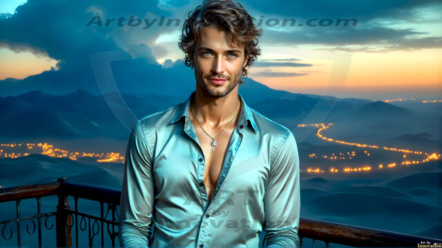 The Beautiful Young Men of the Golden City, is a collection of AI generated images of sexy, glamorous, handsome guys in the heavens. In this fantasy photograph of a young men in their late teens and 20's, overlooking a large golden city in the heavens. Generated to be as realistic as possible, in this this fantasy setting, with todays technology. Wearing jeans, an unbuttoned, vibrant, long-sleeve, button down shirt. The subject is enjoying a beautiful day outdoors. The mystical, galactic landscape, and the vibrant cosmic canopies, every detail, from the texture of the clouds, to the magnificent, majestic gothic architecture of the golden city, is crafted to create an atmosphere of reverence and divine glory. With a breathtaking scene, offering warm golden hour lighting. The heavenly landscape evokes a sense of freedom and tranquility, that is expresses through his facial features and smile, as day turns to night. The heavenly landscape evokes a sense of mysterious black space and light, with a vast galaxy that almost covers the image, the stars and constellations sparkle bright, in dark blue sky.