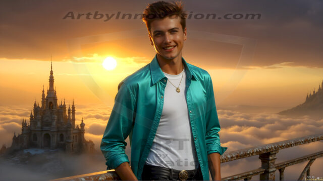 The Beautiful Young Men of the Golden City, is a collection of AI generated images of sexy, glamorous, handsome guys in the heavens. In this fantasy photograph of a young men in their late teens and 20's, overlooking a large golden city in the heavens. Generated to be as realistic as possible, in this this fantasy setting, with todays technology. Wearing jeans, an unbuttoned, vibrant, long-sleeve, button down shirt. The subject is enjoying a beautiful day outdoors. The mystical, galactic landscape, and the vibrant cosmic canopies, every detail, from the texture of the clouds, to the magnificent, majestic gothic architecture of the golden city, is crafted to create an atmosphere of reverence and divine glory. With a breathtaking scene, offering warm golden hour lighting. The heavenly landscape evokes a sense of freedom and tranquility, that is expresses through his facial features and smile, as day turns to night. The heavenly landscape evokes a sense of mysterious black space and light, with a vast galaxy that almost covers the image, the stars and constellations sparkle bright, in dark blue sky.