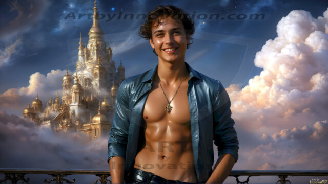 The Beautiful Young Men of the Golden City, is a collection of AI generated images of sexy, glamorous, handsome guys in the heavens. In this fantasy photograph of a young men in their late teens and 20's, overlooking a large golden city in the heavens. Generated to be as realistic as possible, in this this fantasy setting, with todays technology. Wearing jeans, an unbuttoned, vibrant, long-sleeve, button down shirt. The subject is enjoying a beautiful day outdoors. The mystical, galactic landscape, and the vibrant cosmic canopies, every detail, from the texture of the clouds, to the magnificent, majestic gothic architecture of the golden city, is crafted to create an atmosphere of reverence and divine glory. With a breathtaking scene, offering warm golden hour lighting. The heavenly landscape evokes a sense of freedom and tranquility, that is expresses through his facial features and smile, as day turns to night. The heavenly landscape evokes a sense of mysterious black space and light, with a vast galaxy that almost covers the image, the stars and constellations sparkle bright, in dark blue sky.