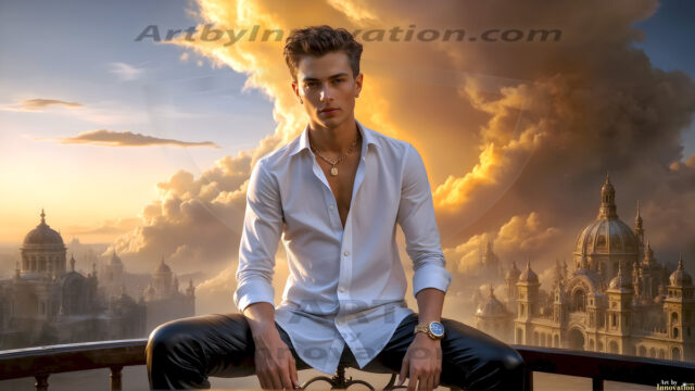 The Beautiful Young Men of the Golden City, is a collection of AI generated images of sexy, glamorous, handsome guys in the heavens. In this fantasy photograph of a young men in their late teens and 20's, overlooking a large golden city in the heavens. Generated to be as realistic as possible, in this this fantasy setting, with todays technology. Wearing jeans, an unbuttoned, vibrant, long-sleeve, button down shirt. The subject is enjoying a beautiful day outdoors. The mystical, galactic landscape, and the vibrant cosmic canopies, every detail, from the texture of the clouds, to the magnificent, majestic gothic architecture of the golden city, is crafted to create an atmosphere of reverence and divine glory. With a breathtaking scene, offering warm golden hour lighting. The heavenly landscape evokes a sense of freedom and tranquility, that is expresses through his facial features and smile, as day turns to night. The heavenly landscape evokes a sense of mysterious black space and light, with a vast galaxy that almost covers the image, the stars and constellations sparkle bright, in dark blue sky.