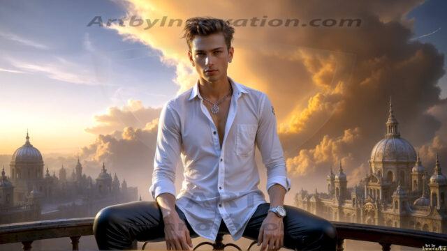 The Beautiful Young Men of the Golden City, is a collection of AI generated images of sexy, glamorous, handsome guys in the heavens. In this fantasy photograph of a young men in their late teens and 20's, overlooking a large golden city in the heavens. Generated to be as realistic as possible, in this this fantasy setting, with todays technology. Wearing jeans, an unbuttoned, vibrant, long-sleeve, button down shirt. The subject is enjoying a beautiful day outdoors. The mystical, galactic landscape, and the vibrant cosmic canopies, every detail, from the texture of the clouds, to the magnificent, majestic gothic architecture of the golden city, is crafted to create an atmosphere of reverence and divine glory. With a breathtaking scene, offering warm golden hour lighting. The heavenly landscape evokes a sense of freedom and tranquility, that is expresses through his facial features and smile, as day turns to night. The heavenly landscape evokes a sense of mysterious black space and light, with a vast galaxy that almost covers the image, the stars and constellations sparkle bright, in dark blue sky.