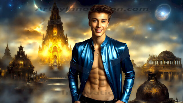 The Beautiful Young Men of the Golden City, is a collection of AI generated images of sexy, glamorous, handsome guys in the heavens. In this fantasy photograph of a young men in their late teens and 20's, overlooking a large golden city in the heavens. Generated to be as realistic as possible, in this this fantasy setting, with todays technology. Wearing jeans, an unbuttoned, vibrant, long-sleeve, button down shirt. The subject is enjoying a beautiful day outdoors. The mystical, galactic landscape, and the vibrant cosmic canopies, every detail, from the texture of the clouds, to the magnificent, majestic gothic architecture of the golden city, is crafted to create an atmosphere of reverence and divine glory. With a breathtaking scene, offering warm golden hour lighting. The heavenly landscape evokes a sense of freedom and tranquility, that is expresses through his facial features and smile, as day turns to night. The heavenly landscape evokes a sense of mysterious black space and light, with a vast galaxy that almost covers the image, the stars and constellations sparkle bright, in dark blue sky.