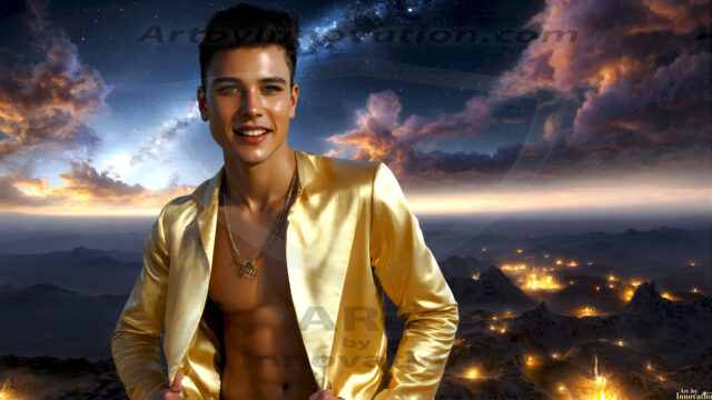 The Beautiful Young Men of the Golden City, is a collection of AI generated images of sexy, glamorous, handsome guys in the heavens. In this fantasy photograph of a young men in their late teens and 20's, overlooking a large golden city in the heavens. Generated to be as realistic as possible, in this this fantasy setting, with todays technology. Wearing jeans, an unbuttoned, vibrant, long-sleeve, button down shirt. The subject is enjoying a beautiful day outdoors. The mystical, galactic landscape, and the vibrant cosmic canopies, every detail, from the texture of the clouds, to the magnificent, majestic gothic architecture of the golden city, is crafted to create an atmosphere of reverence and divine glory. With a breathtaking scene, offering warm golden hour lighting. The heavenly landscape evokes a sense of freedom and tranquility, that is expresses through his facial features and smile, as day turns to night. The heavenly landscape evokes a sense of mysterious black space and light, with a vast galaxy that almost covers the image, the stars and constellations sparkle bright, in dark blue sky.