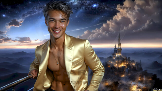 The Beautiful Young Men of the Golden City, is a collection of AI generated images of sexy, glamorous, handsome guys in the heavens. In this fantasy photograph of a young men in their late teens and 20's, overlooking a large golden city in the heavens. Generated to be as realistic as possible, in this this fantasy setting, with todays technology. Wearing jeans, an unbuttoned, vibrant, long-sleeve, button down shirt. The subject is enjoying a beautiful day outdoors. The mystical, galactic landscape, and the vibrant cosmic canopies, every detail, from the texture of the clouds, to the magnificent, majestic gothic architecture of the golden city, is crafted to create an atmosphere of reverence and divine glory. With a breathtaking scene, offering warm golden hour lighting. The heavenly landscape evokes a sense of freedom and tranquility, that is expresses through his facial features and smile, as day turns to night. The heavenly landscape evokes a sense of mysterious black space and light, with a vast galaxy that almost covers the image, the stars and constellations sparkle bright, in dark blue sky.
