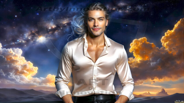 The Beautiful Young Men of the Golden City, is a collection of AI generated images of sexy, glamorous, handsome guys in the heavens. In this fantasy photograph of a young men in their late teens and 20's, overlooking a large golden city in the heavens. Generated to be as realistic as possible, in this this fantasy setting, with todays technology. Wearing jeans, an unbuttoned, vibrant, long-sleeve, button down shirt. The subject is enjoying a beautiful day outdoors. The mystical, galactic landscape, and the vibrant cosmic canopies, every detail, from the texture of the clouds, to the magnificent, majestic gothic architecture of the golden city, is crafted to create an atmosphere of reverence and divine glory. With a breathtaking scene, offering warm golden hour lighting. The heavenly landscape evokes a sense of freedom and tranquility, that is expresses through his facial features and smile, as day turns to night. The heavenly landscape evokes a sense of mysterious black space and light, with a vast galaxy that almost covers the image, the stars and constellations sparkle bright, in dark blue sky.