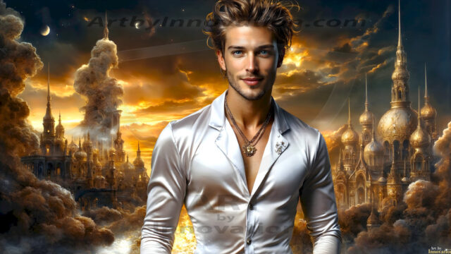 The Beautiful Young Men of the Golden City, is a collection of AI generated images of sexy, glamorous, handsome guys in the heavens. In this fantasy photograph of a young men in their late teens and 20's, overlooking a large golden city in the heavens. Generated to be as realistic as possible, in this this fantasy setting, with todays technology. Wearing jeans, an unbuttoned, vibrant, long-sleeve, button down shirt. The subject is enjoying a beautiful day outdoors. The mystical, galactic landscape, and the vibrant cosmic canopies, every detail, from the texture of the clouds, to the magnificent, majestic gothic architecture of the golden city, is crafted to create an atmosphere of reverence and divine glory. With a breathtaking scene, offering warm golden hour lighting. The heavenly landscape evokes a sense of freedom and tranquility, that is expresses through his facial features and smile, as day turns to night. The heavenly landscape evokes a sense of mysterious black space and light, with a vast galaxy that almost covers the image, the stars and constellations sparkle bright, in dark blue sky.