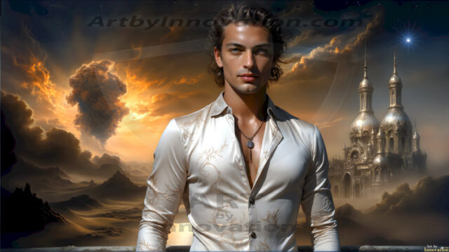 The Beautiful Young Men of the Golden City, is a collection of AI generated images of sexy, glamorous, handsome guys in the heavens. In this fantasy photograph of a young men in their late teens and 20's, overlooking a large golden city in the heavens. Generated to be as realistic as possible, in this this fantasy setting, with todays technology. Wearing jeans, an unbuttoned, vibrant, long-sleeve, button down shirt. The subject is enjoying a beautiful day outdoors. The mystical, galactic landscape, and the vibrant cosmic canopies, every detail, from the texture of the clouds, to the magnificent, majestic gothic architecture of the golden city, is crafted to create an atmosphere of reverence and divine glory. With a breathtaking scene, offering warm golden hour lighting. The heavenly landscape evokes a sense of freedom and tranquility, that is expresses through his facial features and smile, as day turns to night. The heavenly landscape evokes a sense of mysterious black space and light, with a vast galaxy that almost covers the image, the stars and constellations sparkle bright, in dark blue sky.