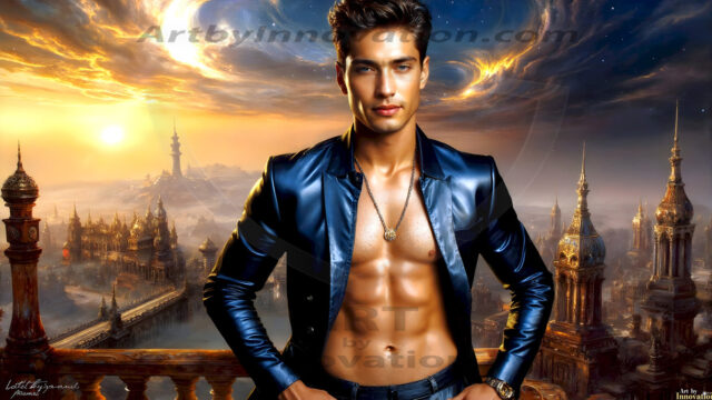 The Beautiful Young Men of the Golden City, is a collection of AI generated images of sexy, glamorous, handsome guys in the heavens. In this fantasy photograph of a young men in their late teens and 20's, overlooking a large golden city in the heavens. Generated to be as realistic as possible, in this this fantasy setting, with todays technology. Wearing jeans, an unbuttoned, vibrant, long-sleeve, button down shirt. The subject is enjoying a beautiful day outdoors. The mystical, galactic landscape, and the vibrant cosmic canopies, every detail, from the texture of the clouds, to the magnificent, majestic gothic architecture of the golden city, is crafted to create an atmosphere of reverence and divine glory. With a breathtaking scene, offering warm golden hour lighting. The heavenly landscape evokes a sense of freedom and tranquility, that is expresses through his facial features and smile, as day turns to night. The heavenly landscape evokes a sense of mysterious black space and light, with a vast galaxy that almost covers the image, the stars and constellations sparkle bright, in dark blue sky.