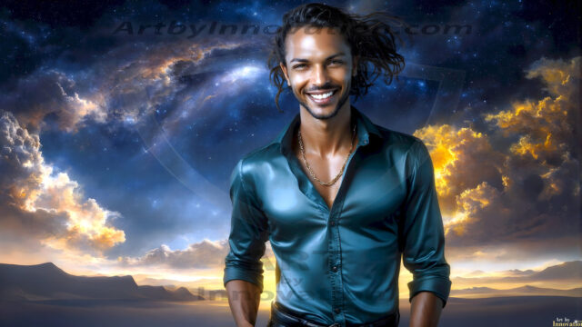 The Beautiful Young Men of the Golden City, is a collection of AI generated images of sexy, glamorous, handsome guys in the heavens. In this fantasy photograph of a young men in their late teens and 20's, overlooking a large golden city in the heavens. Generated to be as realistic as possible, in this this fantasy setting, with todays technology. Wearing jeans, an unbuttoned, vibrant, long-sleeve, button down shirt. The subject is enjoying a beautiful day outdoors. The mystical, galactic landscape, and the vibrant cosmic canopies, every detail, from the texture of the clouds, to the magnificent, majestic gothic architecture of the golden city, is crafted to create an atmosphere of reverence and divine glory. With a breathtaking scene, offering warm golden hour lighting. The heavenly landscape evokes a sense of freedom and tranquility, that is expresses through his facial features and smile, as day turns to night. The heavenly landscape evokes a sense of mysterious black space and light, with a vast galaxy that almost covers the image, the stars and constellations sparkle bright, in dark blue sky.