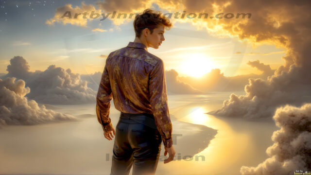 The Beautiful Young Men of the Golden City, is a collection of AI generated images of sexy, glamorous, handsome guys in the heavens. In this fantasy photograph of a young men in their late teens and 20's, overlooking a large golden city in the heavens. Generated to be as realistic as possible, in this this fantasy setting, with todays technology. Wearing jeans, an unbuttoned, vibrant, long-sleeve, button down shirt. The subject is enjoying a beautiful day outdoors. The mystical, galactic landscape, and the vibrant cosmic canopies, every detail, from the texture of the clouds, to the magnificent, majestic gothic architecture of the golden city, is crafted to create an atmosphere of reverence and divine glory. With a breathtaking scene, offering warm golden hour lighting. The heavenly landscape evokes a sense of freedom and tranquility, that is expresses through his facial features and smile, as day turns to night. The heavenly landscape evokes a sense of mysterious black space and light, with a vast galaxy that almost covers the image, the stars and constellations sparkle bright, in dark blue sky.