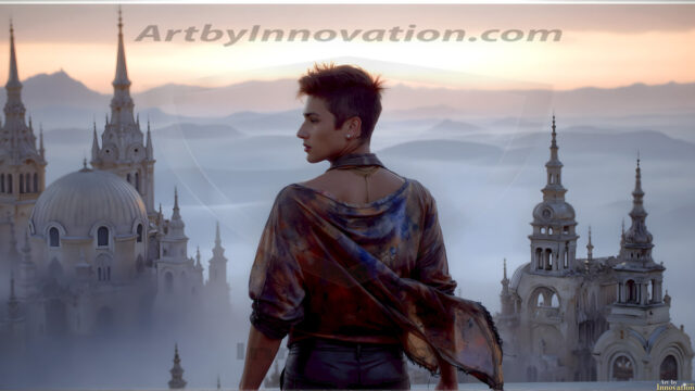 The Beautiful Young Men of the Golden City, is a collection of AI generated images of sexy, glamorous, handsome guys in the heavens. In this fantasy photograph of a young men in their late teens and 20's, overlooking a large golden city in the heavens. Generated to be as realistic as possible, in this this fantasy setting, with todays technology. Wearing jeans, an unbuttoned, vibrant, long-sleeve, button down shirt. The subject is enjoying a beautiful day outdoors. The mystical, galactic landscape, and the vibrant cosmic canopies, every detail, from the texture of the clouds, to the magnificent, majestic gothic architecture of the golden city, is crafted to create an atmosphere of reverence and divine glory. With a breathtaking scene, offering warm golden hour lighting. The heavenly landscape evokes a sense of freedom and tranquility, that is expresses through his facial features and smile, as day turns to night. The heavenly landscape evokes a sense of mysterious black space and light, with a vast galaxy that almost covers the image, the stars and constellations sparkle bright, in dark blue sky.
