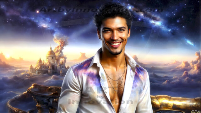 The Beautiful Young Men of the Golden City, is a collection of AI generated images of sexy, glamorous, handsome guys in the heavens. In this fantasy photograph of a young men in their late teens and 20's, overlooking a large golden city in the heavens. Generated to be as realistic as possible, in this this fantasy setting, with todays technology. Wearing jeans, an unbuttoned, vibrant, long-sleeve, button down shirt. The subject is enjoying a beautiful day outdoors. The mystical, galactic landscape, and the vibrant cosmic canopies, every detail, from the texture of the clouds, to the magnificent, majestic gothic architecture of the golden city, is crafted to create an atmosphere of reverence and divine glory. With a breathtaking scene, offering warm golden hour lighting. The heavenly landscape evokes a sense of freedom and tranquility, that is expresses through his facial features and smile, as day turns to night. The heavenly landscape evokes a sense of mysterious black space and light, with a vast galaxy that almost covers the image, the stars and constellations sparkle bright, in dark blue sky.