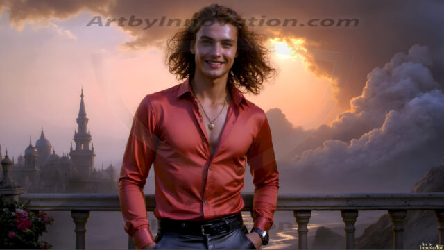 The Beautiful Young Men of the Golden City, is a collection of AI generated images of sexy, glamorous, handsome guys in the heavens. In this fantasy photograph of a young men in their late teens and 20's, overlooking a large golden city in the heavens. Generated to be as realistic as possible, in this this fantasy setting, with todays technology. Wearing jeans, an unbuttoned, vibrant, long-sleeve, button down shirt. The subject is enjoying a beautiful day outdoors. The mystical, galactic landscape, and the vibrant cosmic canopies, every detail, from the texture of the clouds, to the magnificent, majestic gothic architecture of the golden city, is crafted to create an atmosphere of reverence and divine glory. With a breathtaking scene, offering warm golden hour lighting. The heavenly landscape evokes a sense of freedom and tranquility, that is expresses through his facial features and smile, as day turns to night. The heavenly landscape evokes a sense of mysterious black space and light, with a vast galaxy that almost covers the image, the stars and constellations sparkle bright, in dark blue sky.
