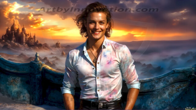 The Beautiful Young Men of the Golden City, is a collection of AI generated images of sexy, glamorous, handsome guys in the heavens. In this fantasy photograph of a young men in their late teens and 20's, overlooking a large golden city in the heavens. Generated to be as realistic as possible, in this this fantasy setting, with todays technology. Wearing jeans, an unbuttoned, vibrant, long-sleeve, button down shirt. The subject is enjoying a beautiful day outdoors. The mystical, galactic landscape, and the vibrant cosmic canopies, every detail, from the texture of the clouds, to the magnificent, majestic gothic architecture of the golden city, is crafted to create an atmosphere of reverence and divine glory. With a breathtaking scene, offering warm golden hour lighting. The heavenly landscape evokes a sense of freedom and tranquility, that is expresses through his facial features and smile, as day turns to night. The heavenly landscape evokes a sense of mysterious black space and light, with a vast galaxy that almost covers the image, the stars and constellations sparkle bright, in dark blue sky.