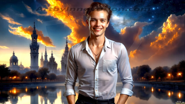 The Beautiful Young Men of the Golden City, is a collection of AI generated images of sexy, glamorous, handsome guys in the heavens. In this fantasy photograph of a young men in their late teens and 20's, overlooking a large golden city in the heavens. Generated to be as realistic as possible, in this this fantasy setting, with todays technology. Wearing jeans, an unbuttoned, vibrant, long-sleeve, button down shirt. The subject is enjoying a beautiful day outdoors. The mystical, galactic landscape, and the vibrant cosmic canopies, every detail, from the texture of the clouds, to the magnificent, majestic gothic architecture of the golden city, is crafted to create an atmosphere of reverence and divine glory. With a breathtaking scene, offering warm golden hour lighting. The heavenly landscape evokes a sense of freedom and tranquility, that is expresses through his facial features and smile, as day turns to night. The heavenly landscape evokes a sense of mysterious black space and light, with a vast galaxy that almost covers the image, the stars and constellations sparkle bright, in dark blue sky.