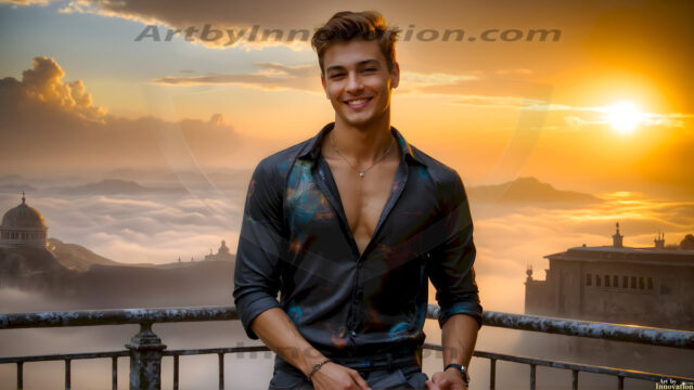 The Beautiful Young Men of the Golden City, is a collection of AI generated images of sexy, glamorous, handsome guys in the heavens. In this fantasy photograph of a young men in their late teens and 20's, overlooking a large golden city in the heavens. Generated to be as realistic as possible, in this this fantasy setting, with todays technology. Wearing jeans, an unbuttoned, vibrant, long-sleeve, button down shirt. The subject is enjoying a beautiful day outdoors. The mystical, galactic landscape, and the vibrant cosmic canopies, every detail, from the texture of the clouds, to the magnificent, majestic gothic architecture of the golden city, is crafted to create an atmosphere of reverence and divine glory. With a breathtaking scene, offering warm golden hour lighting. The heavenly landscape evokes a sense of freedom and tranquility, that is expresses through his facial features and smile, as day turns to night. The heavenly landscape evokes a sense of mysterious black space and light, with a vast galaxy that almost covers the image, the stars and constellations sparkle bright, in dark blue sky.