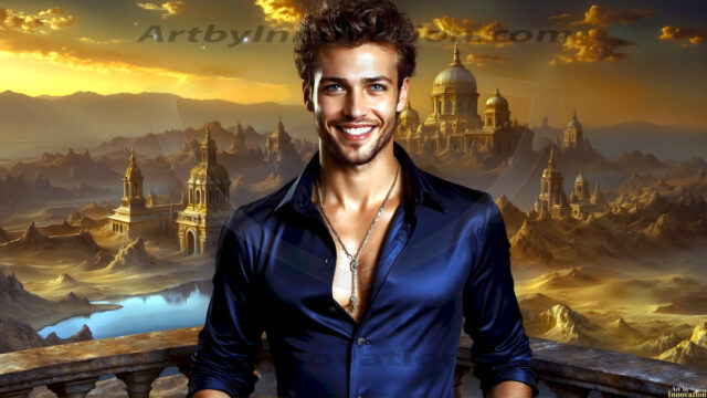 The Beautiful Young Men of the Golden City, is a collection of AI generated images of sexy, glamorous, handsome guys in the heavens. In this fantasy photograph of a young men in their late teens and 20's, overlooking a large golden city in the heavens. Generated to be as realistic as possible, in this this fantasy setting, with todays technology. Wearing jeans, an unbuttoned, vibrant, long-sleeve, button down shirt. The subject is enjoying a beautiful day outdoors. The mystical, galactic landscape, and the vibrant cosmic canopies, every detail, from the texture of the clouds, to the magnificent, majestic gothic architecture of the golden city, is crafted to create an atmosphere of reverence and divine glory. With a breathtaking scene, offering warm golden hour lighting. The heavenly landscape evokes a sense of freedom and tranquility, that is expresses through his facial features and smile, as day turns to night. The heavenly landscape evokes a sense of mysterious black space and light, with a vast galaxy that almost covers the image, the stars and constellations sparkle bright, in dark blue sky.