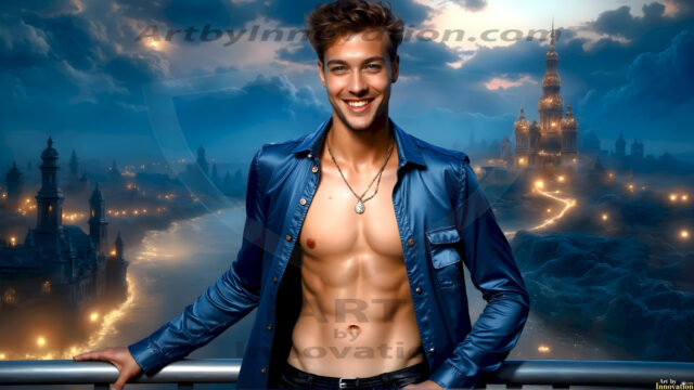 The Beautiful Young Men of the Golden City, is a collection of AI generated images of sexy, glamorous, handsome guys in the heavens. In this fantasy photograph of a young men in their late teens and 20's, overlooking a large golden city in the heavens. Generated to be as realistic as possible, in this this fantasy setting, with todays technology. Wearing jeans, an unbuttoned, vibrant, long-sleeve, button down shirt. The subject is enjoying a beautiful day outdoors. The mystical, galactic landscape, and the vibrant cosmic canopies, every detail, from the texture of the clouds, to the magnificent, majestic gothic architecture of the golden city, is crafted to create an atmosphere of reverence and divine glory. With a breathtaking scene, offering warm golden hour lighting. The heavenly landscape evokes a sense of freedom and tranquility, that is expresses through his facial features and smile, as day turns to night. The heavenly landscape evokes a sense of mysterious black space and light, with a vast galaxy that almost covers the image, the stars and constellations sparkle bright, in dark blue sky.