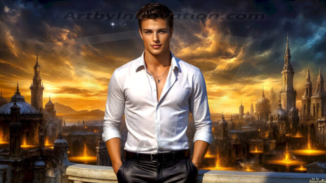 The Beautiful Young Men of the Golden City, is a collection of AI generated images of sexy, glamorous, handsome guys in the heavens. In this fantasy photograph of a young men in their late teens and 20's, overlooking a large golden city in the heavens. Generated to be as realistic as possible, in this this fantasy setting, with todays technology. Wearing jeans, an unbuttoned, vibrant, long-sleeve, button down shirt. The subject is enjoying a beautiful day outdoors. The mystical, galactic landscape, and the vibrant cosmic canopies, every detail, from the texture of the clouds, to the magnificent, majestic gothic architecture of the golden city, is crafted to create an atmosphere of reverence and divine glory. With a breathtaking scene, offering warm golden hour lighting. The heavenly landscape evokes a sense of freedom and tranquility, that is expresses through his facial features and smile, as day turns to night. The heavenly landscape evokes a sense of mysterious black space and light, with a vast galaxy that almost covers the image, the stars and constellations sparkle bright, in dark blue sky.