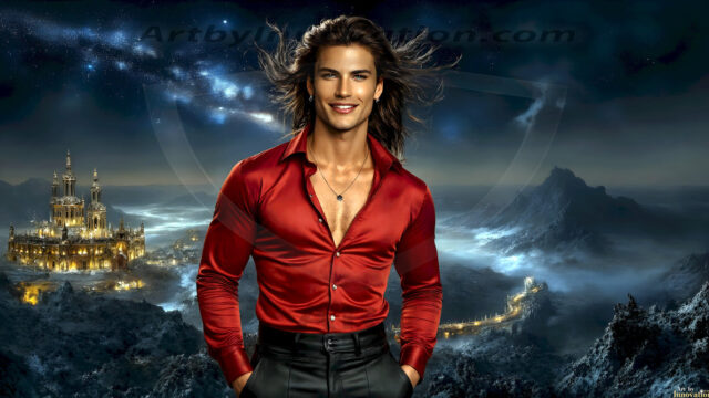 The Beautiful Young Men of the Golden City, is a collection of AI generated images of sexy, glamorous, handsome guys in the heavens. In this fantasy photograph of a young men in their late teens and 20's, overlooking a large golden city in the heavens. Generated to be as realistic as possible, in this this fantasy setting, with todays technology. Wearing jeans, an unbuttoned, vibrant, long-sleeve, button down shirt. The subject is enjoying a beautiful day outdoors. The mystical, galactic landscape, and the vibrant cosmic canopies, every detail, from the texture of the clouds, to the magnificent, majestic gothic architecture of the golden city, is crafted to create an atmosphere of reverence and divine glory. With a breathtaking scene, offering warm golden hour lighting. The heavenly landscape evokes a sense of freedom and tranquility, that is expresses through his facial features and smile, as day turns to night. The heavenly landscape evokes a sense of mysterious black space and light, with a vast galaxy that almost covers the image, the stars and constellations sparkle bright, in dark blue sky.