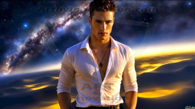 The Beautiful Young Men of the Golden City, is a collection of AI generated images of sexy, glamorous, handsome guys in the heavens. In this fantasy photograph of a young men in their late teens and 20's, overlooking a large golden city in the heavens. Generated to be as realistic as possible, in this this fantasy setting, with todays technology. Wearing jeans, an unbuttoned, vibrant, long-sleeve, button down shirt. The subject is enjoying a beautiful day outdoors. The mystical, galactic landscape, and the vibrant cosmic canopies, every detail, from the texture of the clouds, to the magnificent, majestic gothic architecture of the golden city, is crafted to create an atmosphere of reverence and divine glory. With a breathtaking scene, offering warm golden hour lighting. The heavenly landscape evokes a sense of freedom and tranquility, that is expresses through his facial features and smile, as day turns to night. The heavenly landscape evokes a sense of mysterious black space and light, with a vast galaxy that almost covers the image, the stars and constellations sparkle bright, in dark blue sky.