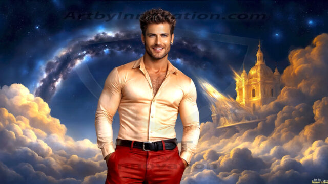 The Beautiful Young Men of the Golden City, is a collection of AI generated images of sexy, glamorous, handsome guys in the heavens. In this fantasy photograph of a young men in their late teens and 20's, overlooking a large golden city in the heavens. Generated to be as realistic as possible, in this this fantasy setting, with todays technology. Wearing jeans, an unbuttoned, vibrant, long-sleeve, button down shirt. The subject is enjoying a beautiful day outdoors. The mystical, galactic landscape, and the vibrant cosmic canopies, every detail, from the texture of the clouds, to the magnificent, majestic gothic architecture of the golden city, is crafted to create an atmosphere of reverence and divine glory. With a breathtaking scene, offering warm golden hour lighting. The heavenly landscape evokes a sense of freedom and tranquility, that is expresses through his facial features and smile, as day turns to night. The heavenly landscape evokes a sense of mysterious black space and light, with a vast galaxy that almost covers the image, the stars and constellations sparkle bright, in dark blue sky.