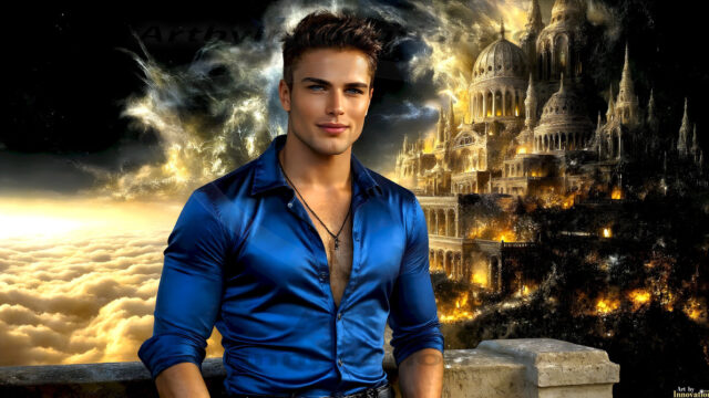The Beautiful Young Men of the Golden City, is a collection of AI generated images of sexy, glamorous, handsome guys in the heavens. In this fantasy photograph of a young men in their late teens and 20's, overlooking a large golden city in the heavens. Generated to be as realistic as possible, in this this fantasy setting, with todays technology. Wearing jeans, an unbuttoned, vibrant, long-sleeve, button down shirt. The subject is enjoying a beautiful day outdoors. The mystical, galactic landscape, and the vibrant cosmic canopies, every detail, from the texture of the clouds, to the magnificent, majestic gothic architecture of the golden city, is crafted to create an atmosphere of reverence and divine glory. With a breathtaking scene, offering warm golden hour lighting. The heavenly landscape evokes a sense of freedom and tranquility, that is expresses through his facial features and smile, as day turns to night. The heavenly landscape evokes a sense of mysterious black space and light, with a vast galaxy that almost covers the image, the stars and constellations sparkle bright, in dark blue sky.