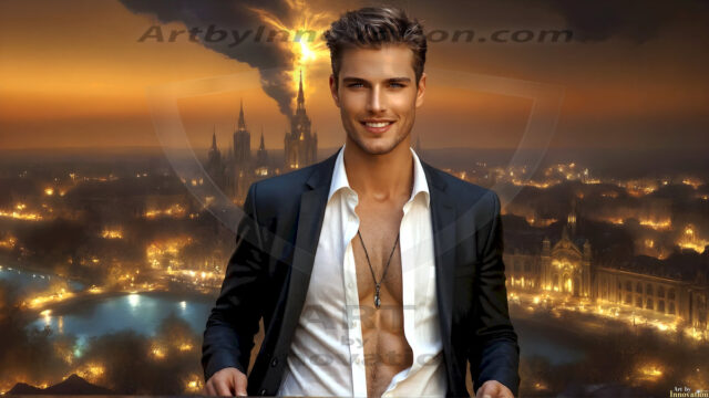 The Beautiful Young Men of the Golden City, is a collection of AI generated images of sexy, glamorous, handsome guys in the heavens. In this fantasy photograph of a young men in their late teens and 20's, overlooking a large golden city in the heavens. Generated to be as realistic as possible, in this this fantasy setting, with todays technology. Wearing jeans, an unbuttoned, vibrant, long-sleeve, button down shirt. The subject is enjoying a beautiful day outdoors. The mystical, galactic landscape, and the vibrant cosmic canopies, every detail, from the texture of the clouds, to the magnificent, majestic gothic architecture of the golden city, is crafted to create an atmosphere of reverence and divine glory. With a breathtaking scene, offering warm golden hour lighting. The heavenly landscape evokes a sense of freedom and tranquility, that is expresses through his facial features and smile, as day turns to night. The heavenly landscape evokes a sense of mysterious black space and light, with a vast galaxy that almost covers the image, the stars and constellations sparkle bright, in dark blue sky.