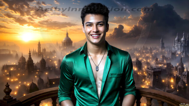 The Beautiful Young Men of the Golden City, is a collection of AI generated images of sexy, glamorous, handsome guys in the heavens. In this fantasy photograph of a young men in their late teens and 20's, overlooking a large golden city in the heavens. Generated to be as realistic as possible, in this this fantasy setting, with todays technology. Wearing jeans, an unbuttoned, vibrant, long-sleeve, button down shirt. The subject is enjoying a beautiful day outdoors. The mystical, galactic landscape, and the vibrant cosmic canopies, every detail, from the texture of the clouds, to the magnificent, majestic gothic architecture of the golden city, is crafted to create an atmosphere of reverence and divine glory. With a breathtaking scene, offering warm golden hour lighting. The heavenly landscape evokes a sense of freedom and tranquility, that is expresses through his facial features and smile, as day turns to night. The heavenly landscape evokes a sense of mysterious black space and light, with a vast galaxy that almost covers the image, the stars and constellations sparkle bright, in dark blue sky.