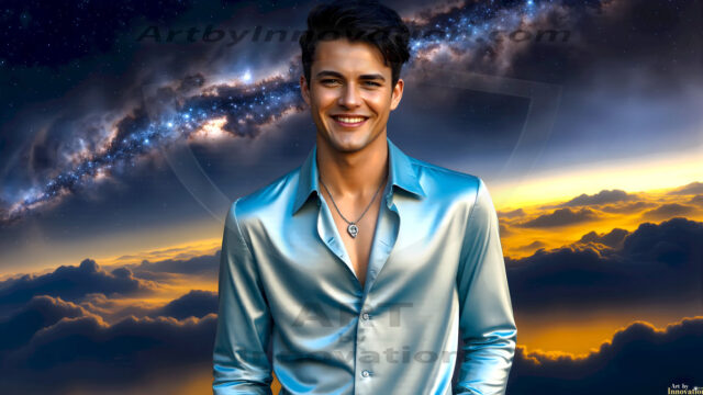 The Beautiful Young Men of the Golden City, is a collection of AI generated images of sexy, glamorous, handsome guys in the heavens. In this fantasy photograph of a young men in their late teens and 20's, overlooking a large golden city in the heavens. Generated to be as realistic as possible, in this this fantasy setting, with todays technology. Wearing jeans, an unbuttoned, vibrant, long-sleeve, button down shirt. The subject is enjoying a beautiful day outdoors. The mystical, galactic landscape, and the vibrant cosmic canopies, every detail, from the texture of the clouds, to the magnificent, majestic gothic architecture of the golden city, is crafted to create an atmosphere of reverence and divine glory. With a breathtaking scene, offering warm golden hour lighting. The heavenly landscape evokes a sense of freedom and tranquility, that is expresses through his facial features and smile, as day turns to night. The heavenly landscape evokes a sense of mysterious black space and light, with a vast galaxy that almost covers the image, the stars and constellations sparkle bright, in dark blue sky.