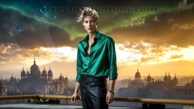 The Beautiful Young Men of the Golden City, is a collection of AI generated images of sexy, glamorous, handsome guys in the heavens. In this fantasy photograph of a young men in their late teens and 20's, overlooking a large golden city in the heavens. Generated to be as realistic as possible, in this this fantasy setting, with todays technology. Wearing jeans, an unbuttoned, vibrant, long-sleeve, button down shirt. The subject is enjoying a beautiful day outdoors. The mystical, galactic landscape, and the vibrant cosmic canopies, every detail, from the texture of the clouds, to the magnificent, majestic gothic architecture of the golden city, is crafted to create an atmosphere of reverence and divine glory. With a breathtaking scene, offering warm golden hour lighting. The heavenly landscape evokes a sense of freedom and tranquility, that is expresses through his facial features and smile, as day turns to night. The heavenly landscape evokes a sense of mysterious black space and light, with a vast galaxy that almost covers the image, the stars and constellations sparkle bright, in dark blue sky.