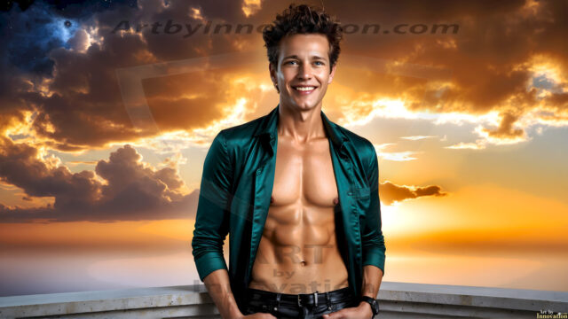 The Beautiful Young Men of the Golden City, is a collection of AI generated images of sexy, glamorous, handsome guys in the heavens. In this fantasy photograph of a young men in their late teens and 20's, overlooking a large golden city in the heavens. Generated to be as realistic as possible, in this this fantasy setting, with todays technology. Wearing jeans, an unbuttoned, vibrant, long-sleeve, button down shirt. The subject is enjoying a beautiful day outdoors. The mystical, galactic landscape, and the vibrant cosmic canopies, every detail, from the texture of the clouds, to the magnificent, majestic gothic architecture of the golden city, is crafted to create an atmosphere of reverence and divine glory. With a breathtaking scene, offering warm golden hour lighting. The heavenly landscape evokes a sense of freedom and tranquility, that is expresses through his facial features and smile, as day turns to night. The heavenly landscape evokes a sense of mysterious black space and light, with a vast galaxy that almost covers the image, the stars and constellations sparkle bright, in dark blue sky.