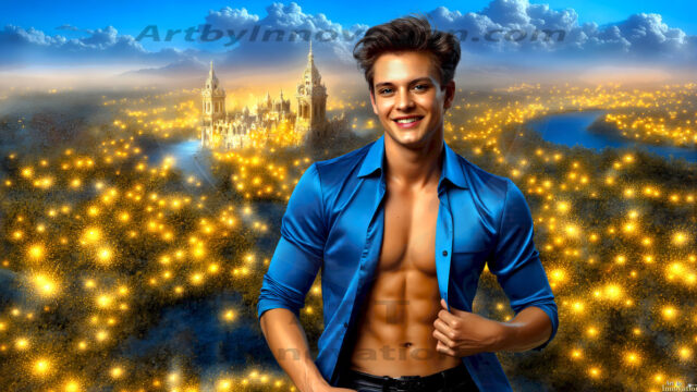 The Beautiful Young Men of the Golden City, is a collection of AI generated images of sexy, glamorous, handsome guys in the heavens. In this fantasy photograph of a young men in their late teens and 20's, overlooking a large golden city in the heavens. Generated to be as realistic as possible, in this this fantasy setting, with todays technology. Wearing jeans, an unbuttoned, vibrant, long-sleeve, button down shirt. The subject is enjoying a beautiful day outdoors. The mystical, galactic landscape, and the vibrant cosmic canopies, every detail, from the texture of the clouds, to the magnificent, majestic gothic architecture of the golden city, is crafted to create an atmosphere of reverence and divine glory. With a breathtaking scene, offering warm golden hour lighting. The heavenly landscape evokes a sense of freedom and tranquility, that is expresses through his facial features and smile, as day turns to night. The heavenly landscape evokes a sense of mysterious black space and light, with a vast galaxy that almost covers the image, the stars and constellations sparkle bright, in dark blue sky.