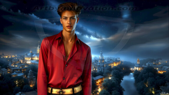 The Beautiful Young Men of the Golden City, is a collection of AI generated images of sexy, glamorous, handsome guys in the heavens. In this fantasy photograph of a young men in their late teens and 20's, overlooking a large golden city in the heavens. Generated to be as realistic as possible, in this this fantasy setting, with todays technology. Wearing jeans, an unbuttoned, vibrant, long-sleeve, button down shirt. The subject is enjoying a beautiful day outdoors. The mystical, galactic landscape, and the vibrant cosmic canopies, every detail, from the texture of the clouds, to the magnificent, majestic gothic architecture of the golden city, is crafted to create an atmosphere of reverence and divine glory. With a breathtaking scene, offering warm golden hour lighting. The heavenly landscape evokes a sense of freedom and tranquility, that is expresses through his facial features and smile, as day turns to night. The heavenly landscape evokes a sense of mysterious black space and light, with a vast galaxy that almost covers the image, the stars and constellations sparkle bright, in dark blue sky.