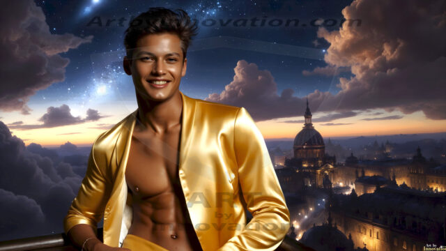 The Beautiful Young Men of the Golden City, is a collection of AI generated images of sexy, glamorous, handsome guys in the heavens. In this fantasy photograph of a young men in their late teens and 20's, overlooking a large golden city in the heavens. Generated to be as realistic as possible, in this this fantasy setting, with todays technology. Wearing jeans, an unbuttoned, vibrant, long-sleeve, button down shirt. The subject is enjoying a beautiful day outdoors. The mystical, galactic landscape, and the vibrant cosmic canopies, every detail, from the texture of the clouds, to the magnificent, majestic gothic architecture of the golden city, is crafted to create an atmosphere of reverence and divine glory. With a breathtaking scene, offering warm golden hour lighting. The heavenly landscape evokes a sense of freedom and tranquility, that is expresses through his facial features and smile, as day turns to night. The heavenly landscape evokes a sense of mysterious black space and light, with a vast galaxy that almost covers the image, the stars and constellations sparkle bright, in dark blue sky.
