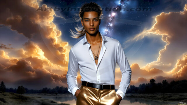 The Beautiful Young Men of the Golden City, is a collection of AI generated images of sexy, glamorous, handsome guys in the heavens. In this fantasy photograph of a young men in their late teens and 20's, overlooking a large golden city in the heavens. Generated to be as realistic as possible, in this this fantasy setting, with todays technology. Wearing jeans, an unbuttoned, vibrant, long-sleeve, button down shirt. The subject is enjoying a beautiful day outdoors. The mystical, galactic landscape, and the vibrant cosmic canopies, every detail, from the texture of the clouds, to the magnificent, majestic gothic architecture of the golden city, is crafted to create an atmosphere of reverence and divine glory. With a breathtaking scene, offering warm golden hour lighting. The heavenly landscape evokes a sense of freedom and tranquility, that is expresses through his facial features and smile, as day turns to night. The heavenly landscape evokes a sense of mysterious black space and light, with a vast galaxy that almost covers the image, the stars and constellations sparkle bright, in dark blue sky.