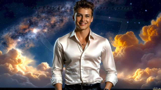 The Beautiful Young Men of the Golden City, is a collection of AI generated images of sexy, glamorous, handsome guys in the heavens. In this fantasy photograph of a young men in their late teens and 20's, overlooking a large golden city in the heavens. Generated to be as realistic as possible, in this this fantasy setting, with todays technology. Wearing jeans, an unbuttoned, vibrant, long-sleeve, button down shirt. The subject is enjoying a beautiful day outdoors. The mystical, galactic landscape, and the vibrant cosmic canopies, every detail, from the texture of the clouds, to the magnificent, majestic gothic architecture of the golden city, is crafted to create an atmosphere of reverence and divine glory. With a breathtaking scene, offering warm golden hour lighting. The heavenly landscape evokes a sense of freedom and tranquility, that is expresses through his facial features and smile, as day turns to night. The heavenly landscape evokes a sense of mysterious black space and light, with a vast galaxy that almost covers the image, the stars and constellations sparkle bright, in dark blue sky.