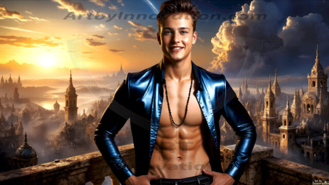 The Beautiful Young Men of the Golden City, is a collection of AI generated images of sexy, glamorous, handsome guys in the heavens. In this fantasy photograph of a young men in their late teens and 20's, overlooking a large golden city in the heavens. Generated to be as realistic as possible, in this this fantasy setting, with todays technology. Wearing jeans, an unbuttoned, vibrant, long-sleeve, button down shirt. The subject is enjoying a beautiful day outdoors. The mystical, galactic landscape, and the vibrant cosmic canopies, every detail, from the texture of the clouds, to the magnificent, majestic gothic architecture of the golden city, is crafted to create an atmosphere of reverence and divine glory. With a breathtaking scene, offering warm golden hour lighting. The heavenly landscape evokes a sense of freedom and tranquility, that is expresses through his facial features and smile, as day turns to night. The heavenly landscape evokes a sense of mysterious black space and light, with a vast galaxy that almost covers the image, the stars and constellations sparkle bright, in dark blue sky.