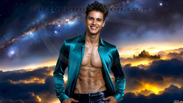 The Beautiful Young Men of the Golden City, is a collection of AI generated images of sexy, glamorous, handsome guys in the heavens. In this fantasy photograph of a young men in their late teens and 20's, overlooking a large golden city in the heavens. Generated to be as realistic as possible, in this this fantasy setting, with todays technology. Wearing jeans, an unbuttoned, vibrant, long-sleeve, button down shirt. The subject is enjoying a beautiful day outdoors. The mystical, galactic landscape, and the vibrant cosmic canopies, every detail, from the texture of the clouds, to the magnificent, majestic gothic architecture of the golden city, is crafted to create an atmosphere of reverence and divine glory. With a breathtaking scene, offering warm golden hour lighting. The heavenly landscape evokes a sense of freedom and tranquility, that is expresses through his facial features and smile, as day turns to night. The heavenly landscape evokes a sense of mysterious black space and light, with a vast galaxy that almost covers the image, the stars and constellations sparkle bright, in dark blue sky.