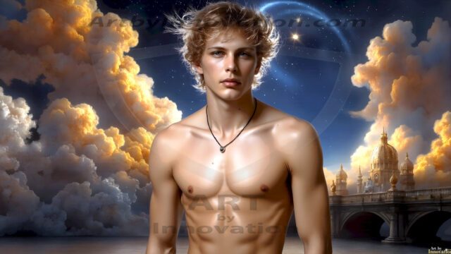 The Beautiful Young Men of the Golden City, is a collection of AI generated images of sexy, glamorous, handsome guys in the heavens. In this fantasy photograph of a young men in their late teens and 20's, overlooking a large golden city in the heavens. Generated to be as realistic as possible, in this this fantasy setting, with todays technology. Wearing jeans, an unbuttoned, vibrant, long-sleeve, button down shirt. The subject is enjoying a beautiful day outdoors. The mystical, galactic landscape, and the vibrant cosmic canopies, every detail, from the texture of the clouds, to the magnificent, majestic gothic architecture of the golden city, is crafted to create an atmosphere of reverence and divine glory. With a breathtaking scene, offering warm golden hour lighting. The heavenly landscape evokes a sense of freedom and tranquility, that is expresses through his facial features and smile, as day turns to night. The heavenly landscape evokes a sense of mysterious black space and light, with a vast galaxy that almost covers the image, the stars and constellations sparkle bright, in dark blue sky.