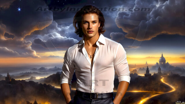 The Beautiful Young Men of the Golden City, is a collection of AI generated images of sexy, glamorous, handsome guys in the heavens. In this fantasy photograph of a young men in their late teens and 20's, overlooking a large golden city in the heavens. Generated to be as realistic as possible, in this this fantasy setting, with todays technology. Wearing jeans, an unbuttoned, vibrant, long-sleeve, button down shirt. The subject is enjoying a beautiful day outdoors. The mystical, galactic landscape, and the vibrant cosmic canopies, every detail, from the texture of the clouds, to the magnificent, majestic gothic architecture of the golden city, is crafted to create an atmosphere of reverence and divine glory. With a breathtaking scene, offering warm golden hour lighting. The heavenly landscape evokes a sense of freedom and tranquility, that is expresses through his facial features and smile, as day turns to night. The heavenly landscape evokes a sense of mysterious black space and light, with a vast galaxy that almost covers the image, the stars and constellations sparkle bright, in dark blue sky.