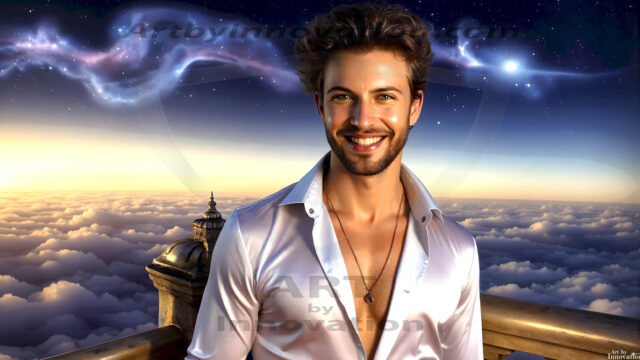 The Beautiful Young Men of the Golden City, is a collection of AI generated images of sexy, glamorous, handsome guys in the heavens. In this fantasy photograph of a young men in their late teens and 20's, overlooking a large golden city in the heavens. Generated to be as realistic as possible, in this this fantasy setting, with todays technology. Wearing jeans, an unbuttoned, vibrant, long-sleeve, button down shirt. The subject is enjoying a beautiful day outdoors. The mystical, galactic landscape, and the vibrant cosmic canopies, every detail, from the texture of the clouds, to the magnificent, majestic gothic architecture of the golden city, is crafted to create an atmosphere of reverence and divine glory. With a breathtaking scene, offering warm golden hour lighting. The heavenly landscape evokes a sense of freedom and tranquility, that is expresses through his facial features and smile, as day turns to night. The heavenly landscape evokes a sense of mysterious black space and light, with a vast galaxy that almost covers the image, the stars and constellations sparkle bright, in dark blue sky.