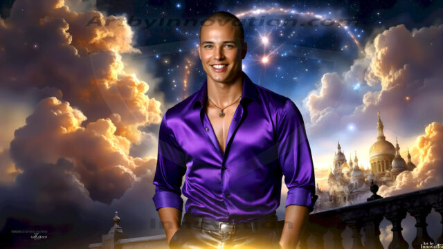 The Beautiful Young Men of the Golden City, is a collection of AI generated images of sexy, glamorous, handsome guys in the heavens. In this fantasy photograph of a young men in their late teens and 20's, overlooking a large golden city in the heavens. Generated to be as realistic as possible, in this this fantasy setting, with todays technology. Wearing jeans, an unbuttoned, vibrant, long-sleeve, button down shirt. The subject is enjoying a beautiful day outdoors. The mystical, galactic landscape, and the vibrant cosmic canopies, every detail, from the texture of the clouds, to the magnificent, majestic gothic architecture of the golden city, is crafted to create an atmosphere of reverence and divine glory. With a breathtaking scene, offering warm golden hour lighting. The heavenly landscape evokes a sense of freedom and tranquility, that is expresses through his facial features and smile, as day turns to night. The heavenly landscape evokes a sense of mysterious black space and light, with a vast galaxy that almost covers the image, the stars and constellations sparkle bright, in dark blue sky.