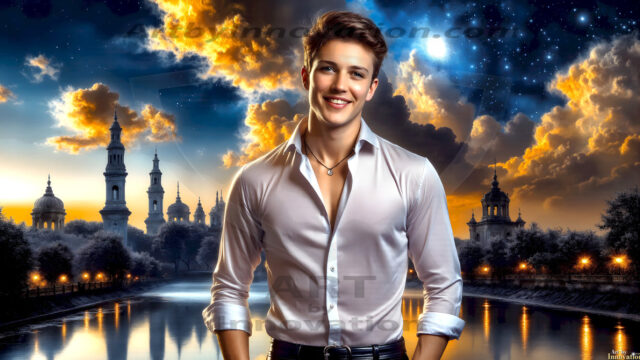 The Beautiful Young Men of the Golden City, is a collection of AI generated images of sexy, glamorous, handsome guys in the heavens. In this fantasy photograph of a young men in their late teens and 20's, overlooking a large golden city in the heavens. Generated to be as realistic as possible, in this this fantasy setting, with todays technology. Wearing jeans, an unbuttoned, vibrant, long-sleeve, button down shirt. The subject is enjoying a beautiful day outdoors. The mystical, galactic landscape, and the vibrant cosmic canopies, every detail, from the texture of the clouds, to the magnificent, majestic gothic architecture of the golden city, is crafted to create an atmosphere of reverence and divine glory. With a breathtaking scene, offering warm golden hour lighting. The heavenly landscape evokes a sense of freedom and tranquility, that is expresses through his facial features and smile, as day turns to night. The heavenly landscape evokes a sense of mysterious black space and light, with a vast galaxy that almost covers the image, the stars and constellations sparkle bright, in dark blue sky.