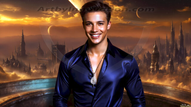 The Beautiful Young Men of the Golden City, is a collection of AI generated images of sexy, glamorous, handsome guys in the heavens. In this fantasy photograph of a young men in their late teens and 20's, overlooking a large golden city in the heavens. Generated to be as realistic as possible, in this this fantasy setting, with todays technology. Wearing jeans, an unbuttoned, vibrant, long-sleeve, button down shirt. The subject is enjoying a beautiful day outdoors. The mystical, galactic landscape, and the vibrant cosmic canopies, every detail, from the texture of the clouds, to the magnificent, majestic gothic architecture of the golden city, is crafted to create an atmosphere of reverence and divine glory. With a breathtaking scene, offering warm golden hour lighting. The heavenly landscape evokes a sense of freedom and tranquility, that is expresses through his facial features and smile, as day turns to night. The heavenly landscape evokes a sense of mysterious black space and light, with a vast galaxy that almost covers the image, the stars and constellations sparkle bright, in dark blue sky.